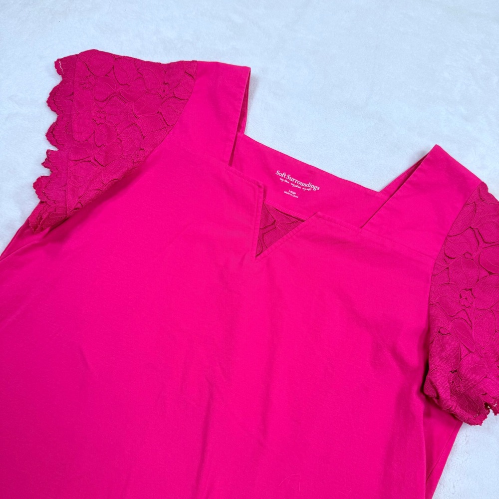 Soft Surroundings Pink Lace Flutter Sleeve Notch Neck Knit Top 2EC45 Women Large